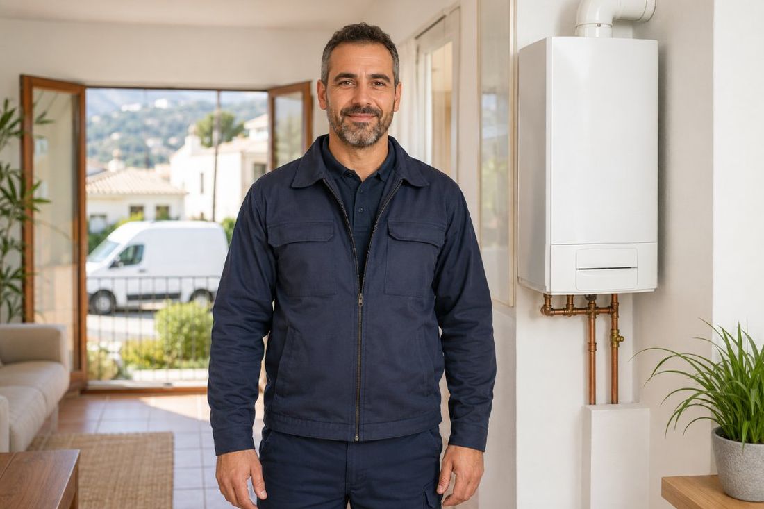 Técnico de calderas junto a una caldera mural en una vivienda de Reus